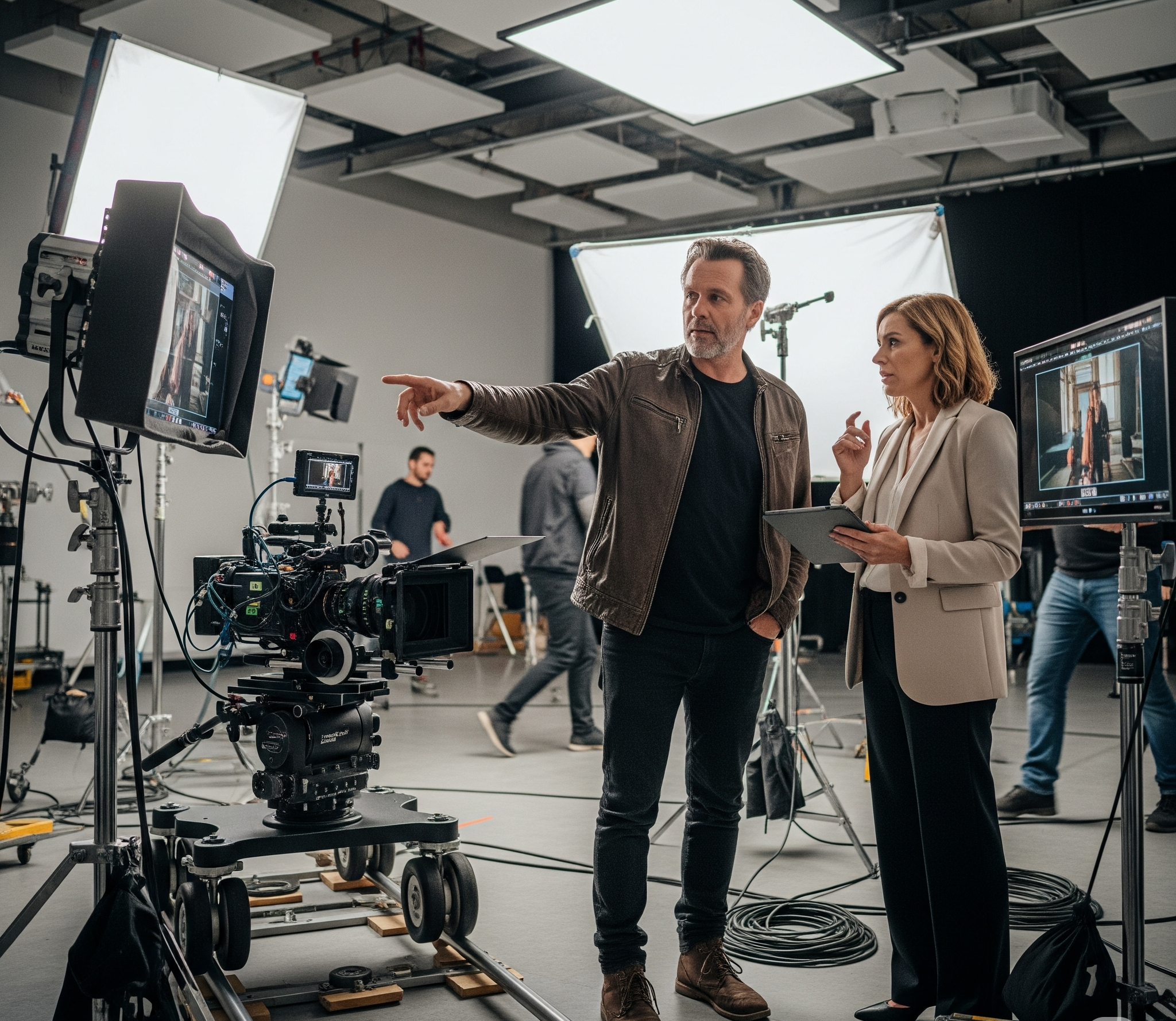 Film director consulting with producer in a modern studio